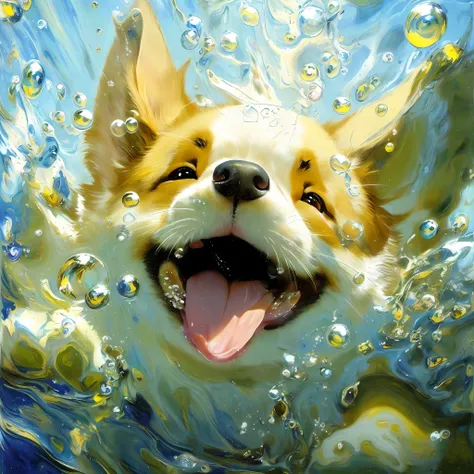 a corgi swimming underwater, eyebrows, smile, fantasy in katsuhiro otomo style, rendering style in realistic hyper-detail, glow,...