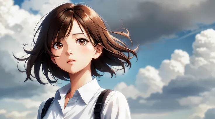 Very detailed and precise anime style illustration, very cute woman, face close-up, brown short hair, wearing a white shirt, perfect round gray eyes, looking up at the heavens and eyes open, the background is fantastic gray bad weather sky and clouds, wind...