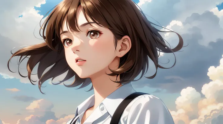 very detailed and precise anime style illustration, very beautiful young woman, face close-up, brown short hair, wearing a white...