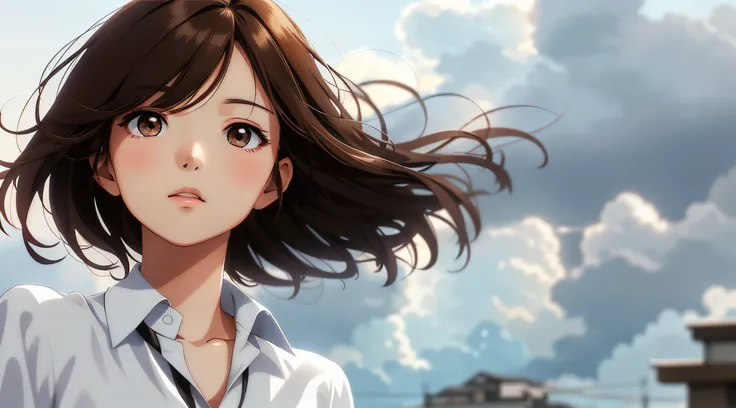 Very detailed and precise anime style illustration, very beautiful young woman, face close-up, brown short hair, wearing a white shirt, perfect round gray eyes, looking up to the heavens and eyes open, the background is fantastic gray bad weather sky and c...