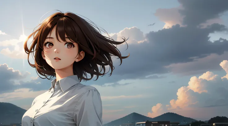 Very detailed and precise anime style illustration, very beautiful young woman, face close-up, brown short hair, wearing a white shirt, perfect round gray eyes, looking up to the heavens and eyes open, the background is fantastic gray bad weather sky and c...