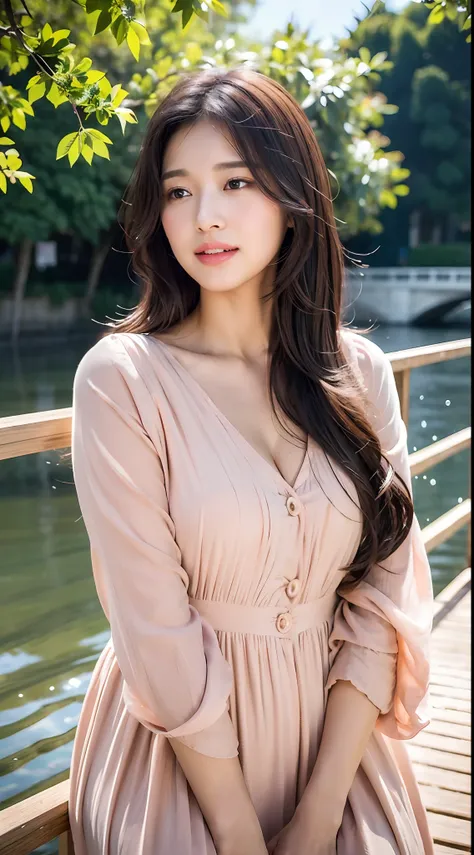 1 mature gentle woman walking on the river, 23 years old, round chin, double eyelids, smile, mix 4, ultra-thin breathable fairy ...