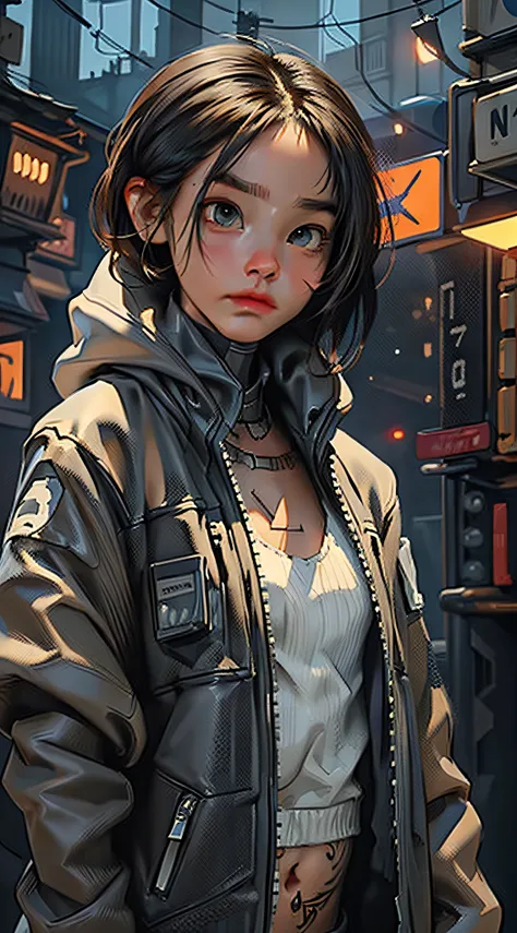 1girl(techwear jacket,hood,neck tattoos and arm tattoos) in post-apocalypse world with a robot, ruined city, smoke, fog, lights