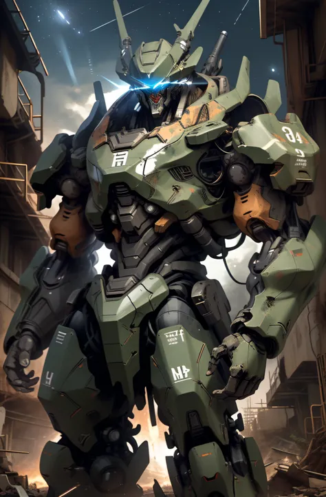 Masterpiece, best quality, giant mech, no humans, black armor, blue eyes, science fiction, fire, laser cannon beam, war, conflict, destroyed building background, (night), darkness, no light, starry sky