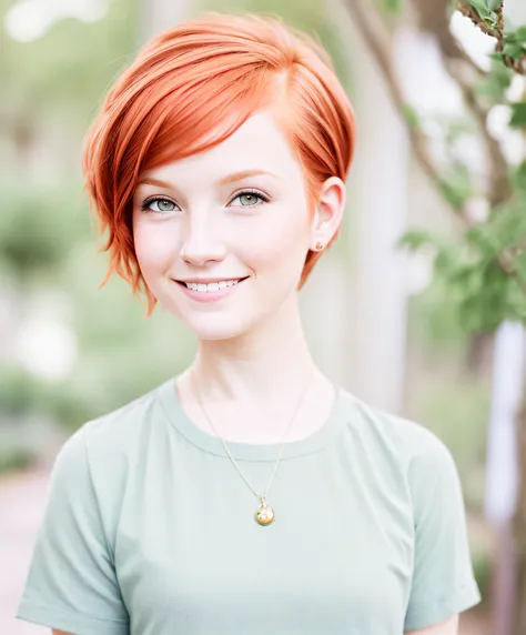 high key
redhead girl, smiling, pixie haircut