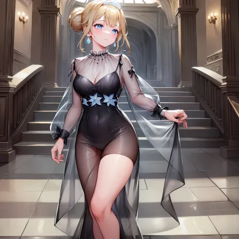 ((masterpiece)), (best quality), amelia watson,amelia_formal, black dress, see-through, hair bun, tiara, (nsfw: 1.5), full body,...