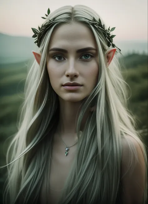 beautiful elf woman arwan,inspired by the lord of the ring,dressed like a white elf style,happy expression on face,on the mounta...