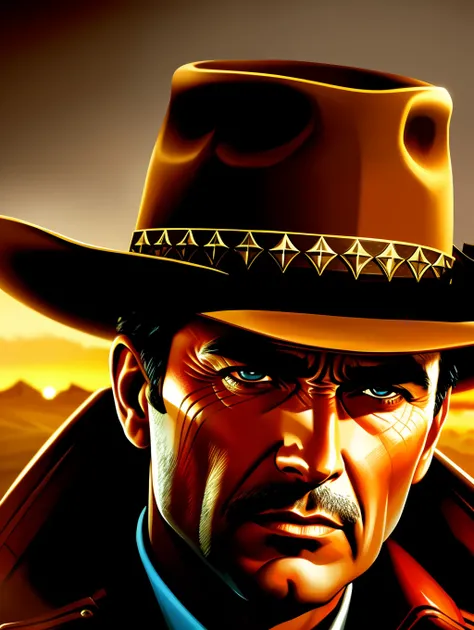 ultra extreme close-up to a face of a sheriff, dramatic style of frank mccarthy, iconic western movie poster, cinematic lighting