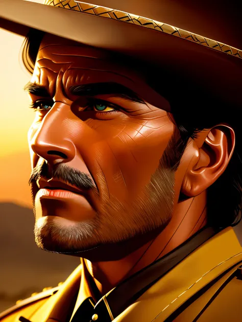 ultra extreme close-up to a face of a sheriff, dramatic style of frank mccarthy, iconic western movie poster, cinematic lighting