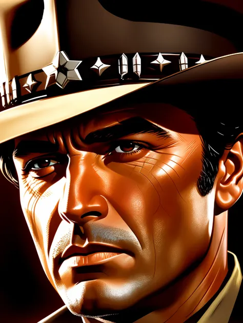 ultra extreme close-up to a face of a sheriff, dramatic style of frank mccarthy, iconic western movie poster, cinematic lighting