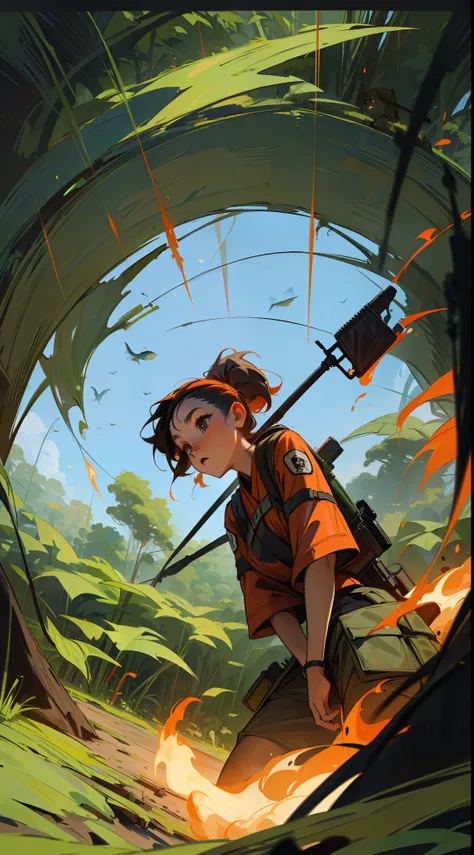 (best quality, masterpiece),fisheye lens,1soldier girl in jungle,war,fire