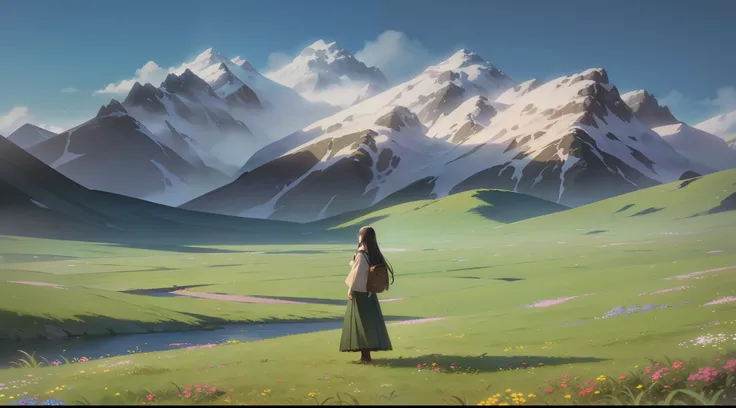 Grassland, black hair, long skirt girl looking up at the mountains ahead, wind, meadows, a few small flowers, clear lakes, big clouds, blue sky, snowy mountains, grand scenes, super vistas, high quality, fine picture quality, high detail RAW painting, anim...
