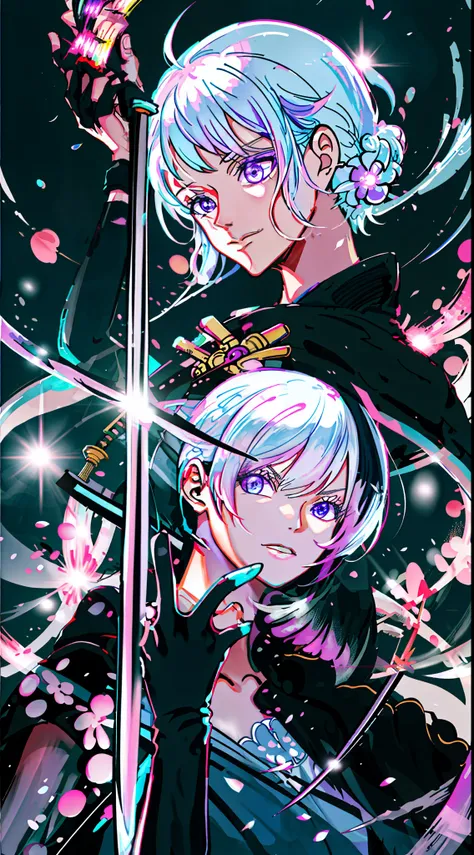 colorful, 1 girl, white hair, purple eyes, double hilt, sword, hand sword, blue flames, brilliance, bright weapon, light particles, wallpaper, chromatic aberration,