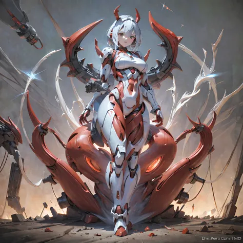 (Dark environment: 2.0) Closed room, One with intoxicating curves, Enchanting, Full-bodied young woman armor, High degree of anthropomorphism, The armored body is a body with female human signs, The female human body wears a white one-piece rubber suit, Th...