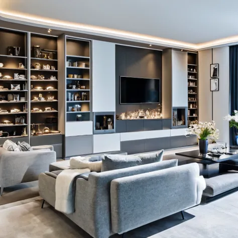 Modern room with many trophies on the shelves, sofa, armchairs, centerpiece, TV, winter garden on the left side, ice white walls and light gray furniture