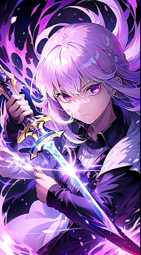 colorful, 1 girl, white hair, purple eyes, double hilt, sword, hand sword, blue flames, brilliance, bright weapon, light particles, wallpaper, chromatic aberration,