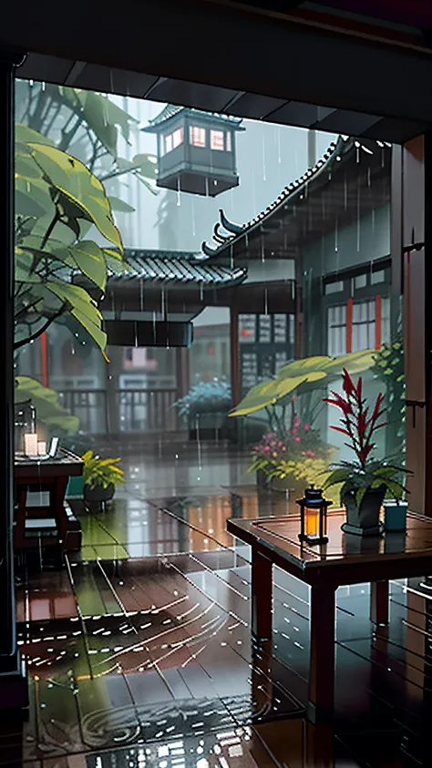 there is a table with a candle on it in a courtyard, rainy day outside, rainy outside, rainy afternoon, raining outside, inside ...