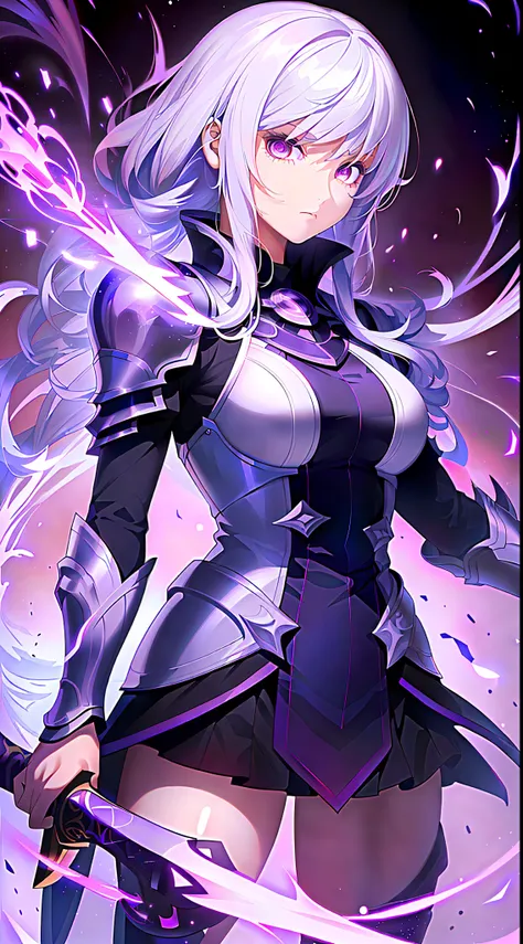 colorful, 1 girl, white hair, purple eyes, double hilt, sword, hand sword, blue flames, brilliance, bright weapon, light particles, wallpaper, chromatic aberration,