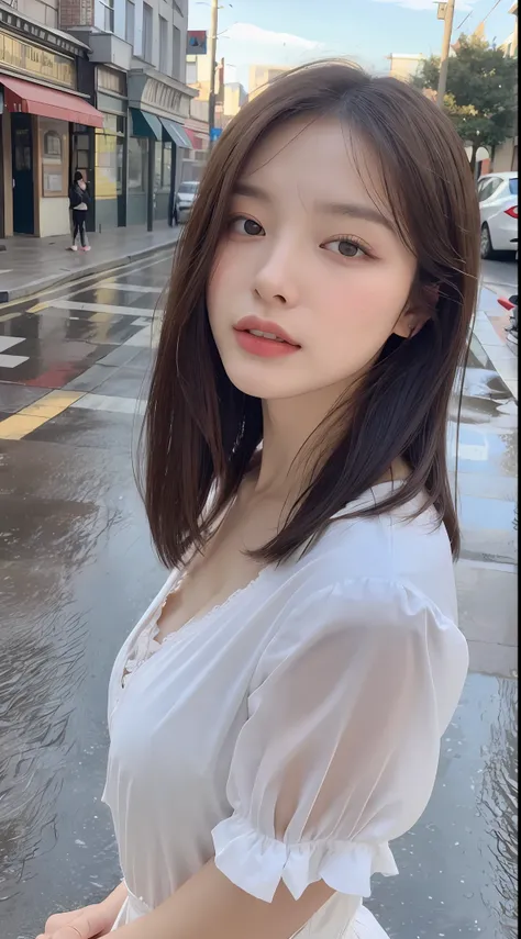 ((Best Quality, 8k, Masterpiece: 1.3)), Focus: 1.2, Perfect Body Beauty: 1.4, Buttocks: 1.2, (Layered Haircut: 1.2)), (Rain, Street:1.3), Highly detailed face and skin texture, Fine eyes, Double eyelids, Whitening skin, Long hair, (Round face: 1.5), sweet_...