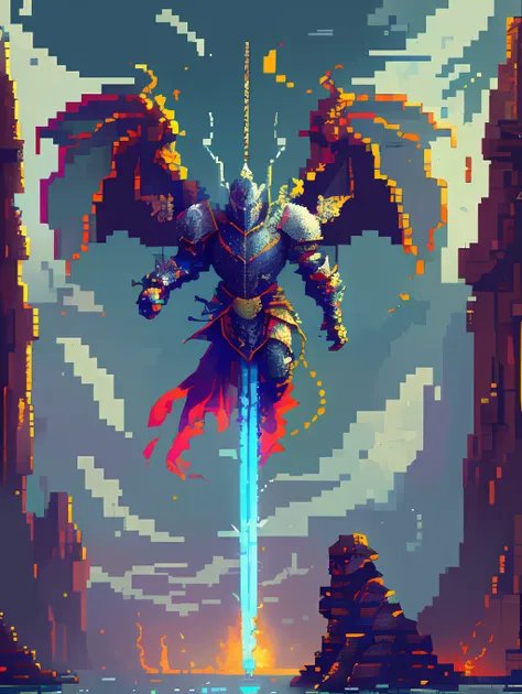 pixel art, game scene, a knight in armor with dragon wings on his back. 16bitscene, oil painting style, majestic and powerful br...