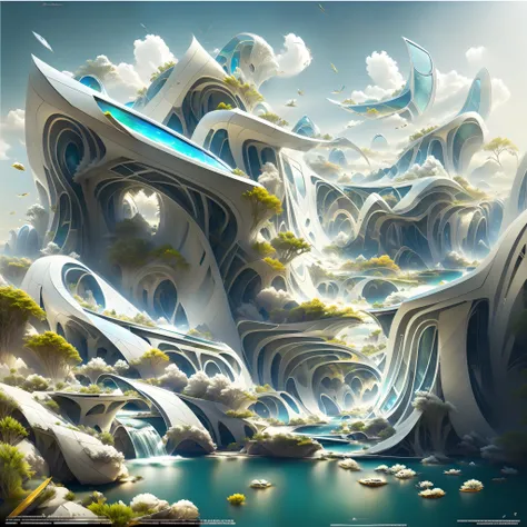 airbrush drawing --v 5.1 style futuristic design of an awesome sunny day environment concept art on a futuristic terrain with hu...