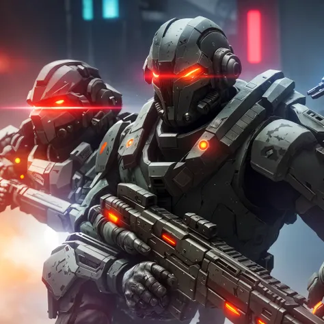 a close up of two soldiers with glowing eyes and weapons, cyberpunk soldier, menacing. unreal 5, killzone, futuristic. game cg, octane trending on cgsociety, trending in cgsociety, soldiers and mech fight, helghast, ultra detailed game art, futuristic sold...