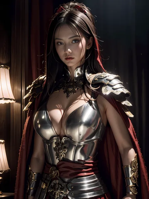 1girl, solo, female roman warrior with red helmet and cape, long black hair, angry, extremely beautiful girl, subtle makeup, silver hour, photorealistic, high contrast, 8k HD, detailed, hyper-detailed, realistic skin texture, blonde hair, huge chest, neckl...