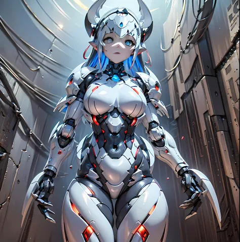 (Dark environment: 2.0) closed room, a young womans armor with intoxicating curves, enchanting charm, and plump chest, with a high degree of anthropomorphism, the armored body is composed of a human body wearing a white tight one-piece leather suit, the ar...