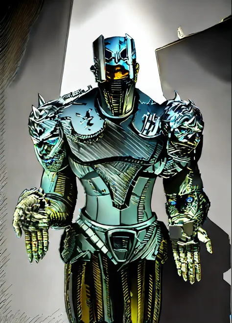 a drawing of a robot with a helmet and gloves, symmetry!! portrait of cyborg, greek god in mecha style, inspired by Rob Liefeld, humanoid form, (inktober), anthropomorphic robot [ thing ], a cyborg, robot warrior, biomechanical cyborg, general human form, ...