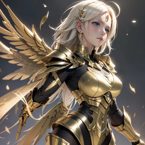 An angel warrior, (with a pair of golden wings on his back), ((metal wings)), ((golden armor)), high detail, (beautiful face), perfect facial features, golden hair, golden sword, indifferent, arrogant, invincible, atmospheric, macro, realistic, HDR (high d...