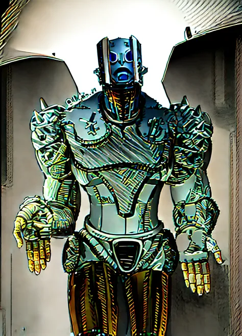 a drawing of a robot with a helmet and gloves, symmetry!! portrait of cyborg, greek god in mecha style, inspired by Rob Liefeld, humanoid form, (inktober), anthropomorphic robot [ thing ], a cyborg, robot warrior, biomechanical cyborg, general human form, ...