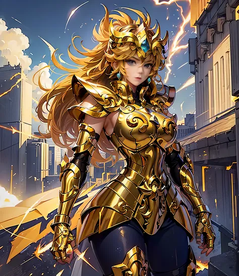 (masterpiece), (best quality), (1girl), girl in golden armor, cool pose, battle field background, fire background, saint seiya a...