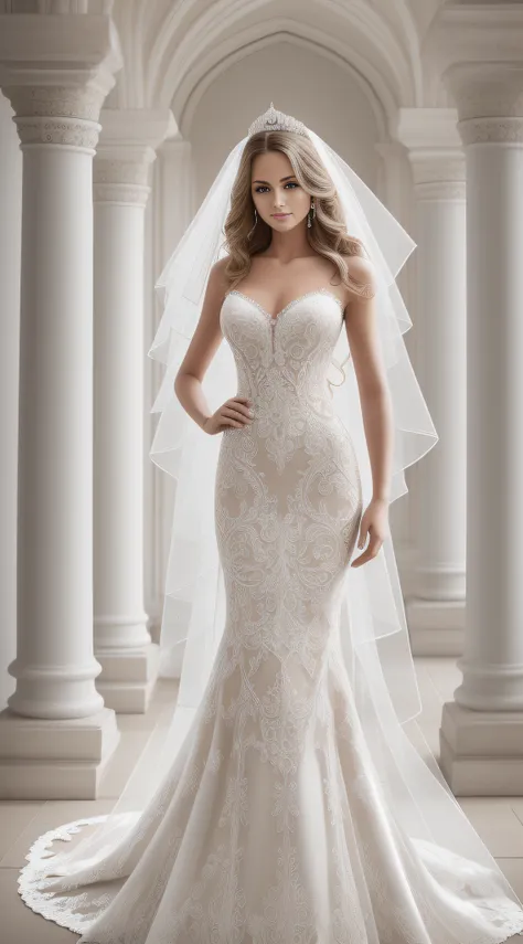 full body, full shot,photorealism, in detail and in detail an extremely beautiful slender sexy bride in a cream wedding dress with intricate lace patterns and a beautiful long veil with intricate patterns stands in partial shade among the columns of a beau...