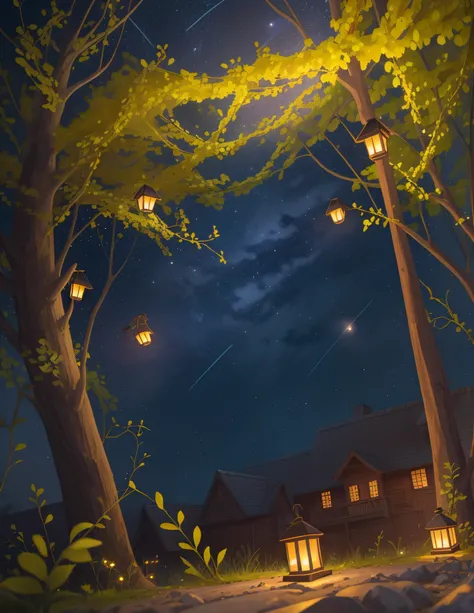 Fireflies flying in a square, night sky, magical night, bright fireflies (small fireflies), (illustration 8k), (Best quality) (Intricate details) (8K) (night sky)
