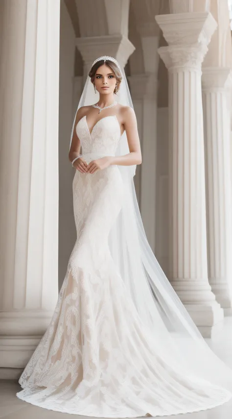 full body, full shot,photorealism, in detail and in detail an extremely beautiful slender sexy bride in a cream wedding dress with intricate lace patterns and a beautiful long veil with intricate patterns stands in partial shade among the columns of a beau...