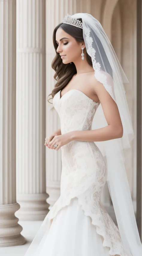 full body, full shot,photorealism, in detail and in detail an extremely beautiful slender sexy bride in a cream wedding dress with intricate lace patterns and a beautiful long veil with intricate patterns stands in partial shade among the columns of a beau...