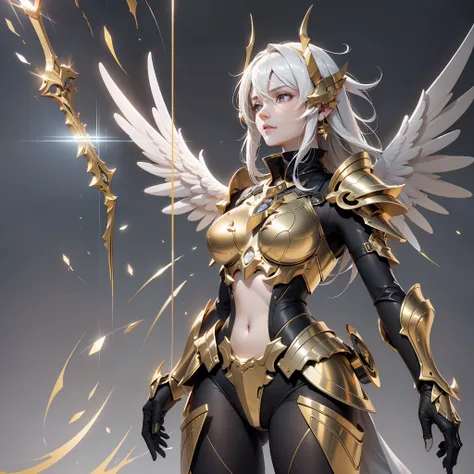 An angel warrior, (with a pair of golden wings on the back), ((metal wings)), (full body photo: 1.5), ((golden armor)), high detail, (beautiful face), perfect facial features, golden hair, golden sword, indifferent, arrogant, invincible, atmospheric, macro...