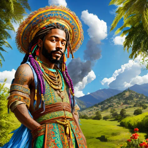 at the cannabis plantation, under a clear and sunny blue sky, a medieval rastafari is standing. he wears typical clothes of the ...