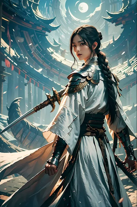 1man dress like move The Flying Swords of Dragon Gate, masterpiece, best quality, photorealistic, fanyangli, forest,armor, linen_clothes,cape, furry_coat, look_back, moonlight, black_hair