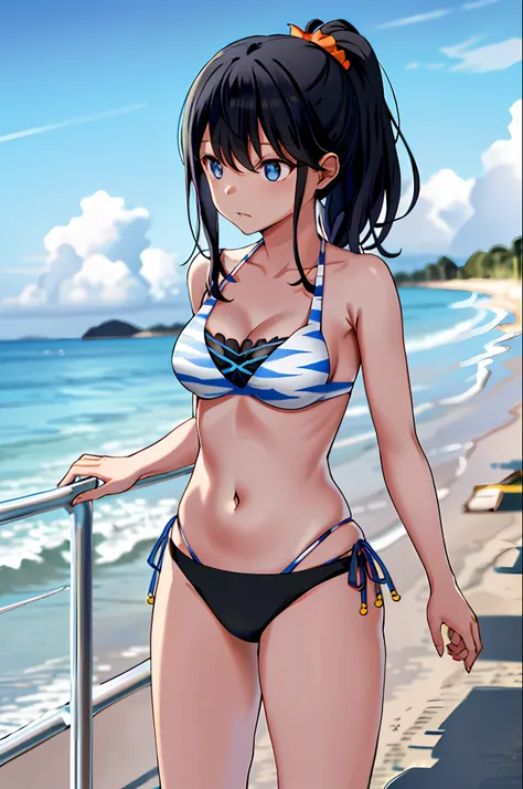 Rikka2, 1girl, Rikka2, 1girl, Rikka, Black hair, Blue eyes, Solo, Layered bikini, Topless, Ponytail, Side tie bikini bottom, Black bikini, Orange sh, Navel, Chest, Long hair, Mismatched bikini, Animal print, Medium breasted, Bangs, Cowboy shot, Beach