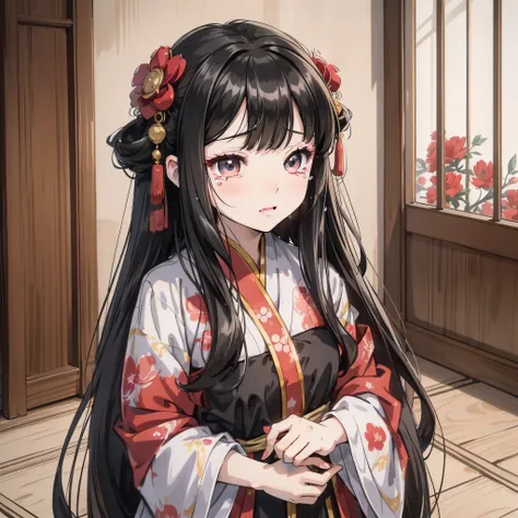 ancient chinese anime girl with long black hair and about 10 years old wearing red hanfu, red flower 1.3 (crying expression 1.5)...