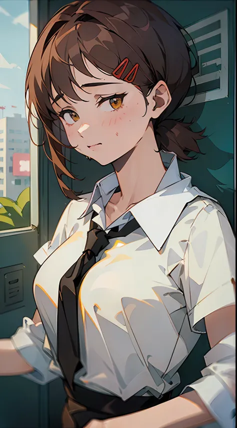 ((masterpiece, excellent)), (1girl), ((cute girl)), brown hair, shy, ((office lady)), bangs, mid-chest, (busty), slim, school at...