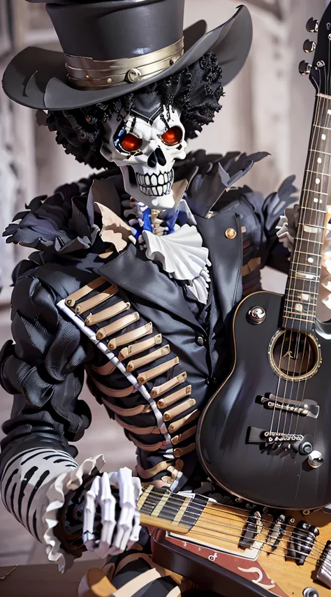 masterpiece, best quality,8k,highestres, absurdres, extremely detailed, brook, one piece anime, afro hair, black hair, solo, looking at viewer, an extremely tall skeleton dressed in formal attire complete with top hat and guitar, ((skeleton hands and body)...