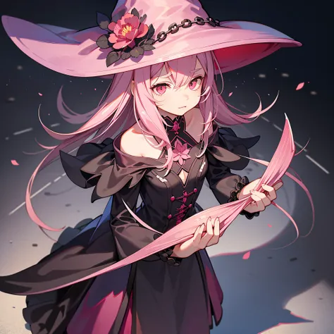 furry witch, carnation pink colors, witch hat, witch outfit, dark grey room splattered with crimson and streaks of light-grey, m...