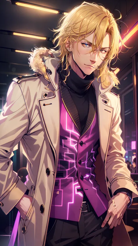 (best quality), a strikingly handsome (blonde man:1.2) in a (trench coat) and (scarf:0.9), (in a nightclub),(vivid colorful neon...