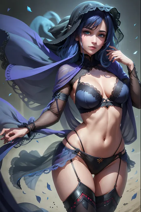 Akane, blue hair, blue eyes, 1girl, beautiful young woman portrait, magician, serious, mature, (black lace, black veil, wearing a black veil covering her face: 1.2), midriff, perfect skin, magic, top quality, masterpiece, complex, volumetric lighting, film...