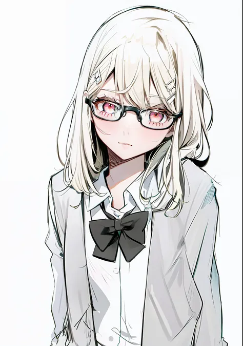 a drawing of a girl with glasses and a bow tie, with glasses, !!wearing glasses!!, with glasses on, black and white manga style,...