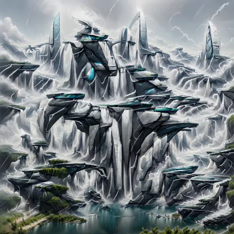 airbrush drawing --v 5.1 style futuristic design of an awesome sunny day environment concept art on a futuristic terrain with hu...