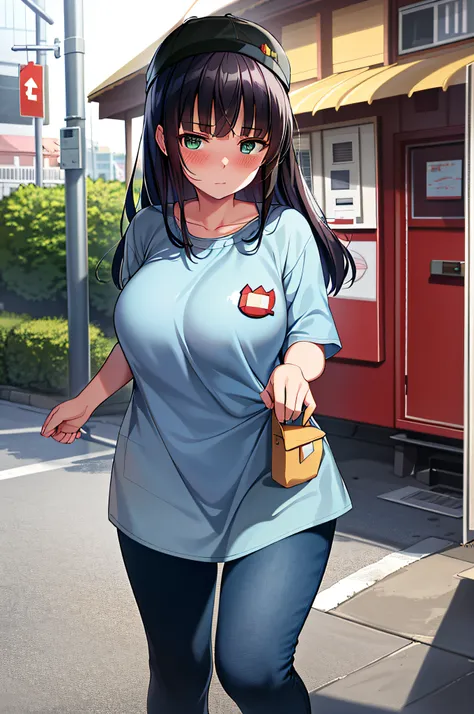 Masterpiece, best quality, very detailed, high resolution, 1 girl, denim shot,  (Uzaki Moon), high, wide buttocks, big breasts, walking, street, blush, (kindergarten_uniform:1.2),