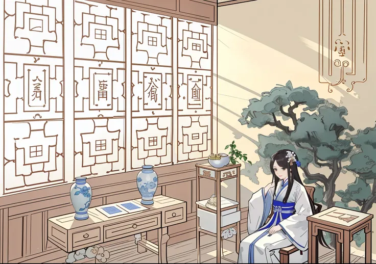 Coloring page of a woman sitting in a chair in the room, clean line art, line art, line art Behance HD, perfect line art, line - art, palace, a girl in Hanfu, highly detailed lines, variable lines, inspired by Tanahara Tani Soda, extremely fine ink line ar...